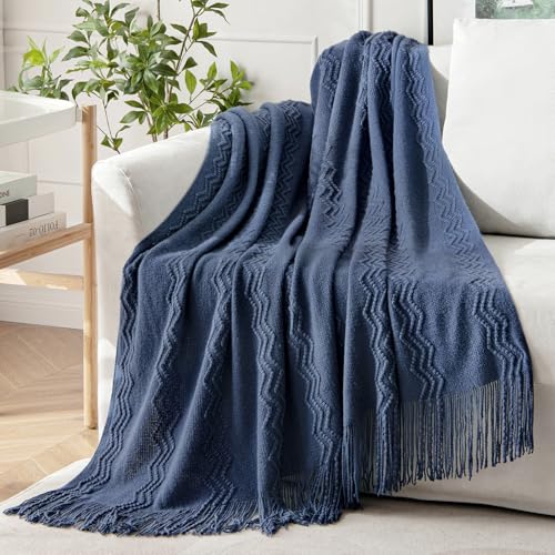 MIULEE Navy Blue Knitted Throw Blanket for Couch Textured Knit Blanket with Tassels Cozy Woven Boho Bed Blanket for Sofa Bed Chair Acrylic Wave Pattern 50"x60" - color: Navy Blue, size: 50" x 60"