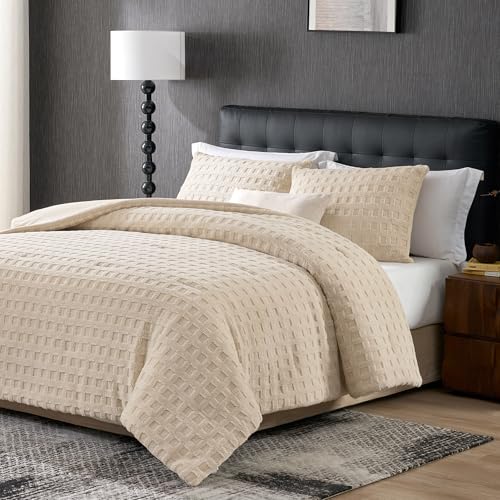 Amélie Home Waffle Textured Fleece Comforter Set King Size, Khaki Fleece Beding Set, Fluffy Plush Bedding Set ，Super Soft Warm,3 Pieces, 1 Cozy Comforter and 2 Pillowcases - color: Waffle Khaki, size: King (106"x90")
