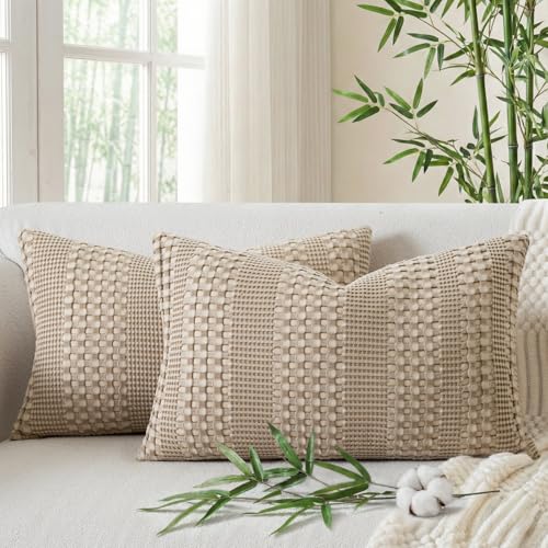 a moment 2 Pack Bamboo Fiber Pillow Covers - Waffle Weave, Ultra Soft & Breathable, Skin-Friendly Cotton Throw Pillow for Couch, Sofa, Bedroom Living Room 12x20 Inch Khaki - color: Khaki, size: 20" x 12" (Pack of 2)