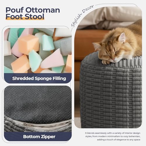Large Round Pouf Ottoman Stuffed Corduroy Poufs Foot Rest with Foam Filling Fluffy Pouf Storage Foot Stools Ottoman Rest for Living Room Couch 26 X 18 Inches, Grey - color: Grey, size: 26"D x 26"W x 18"H