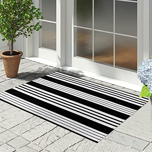 Black and White Striped Outdoor Rug 24'' x 35'' Door Mat Outdoor Machine Washable Welcome Mats Cotton Hand-Woven Entryway Rug for Front Porch/Entryway/Laundry/Bathroom/Bedroom - color: Black Striped, size: 2' x 3' (Rectangular)