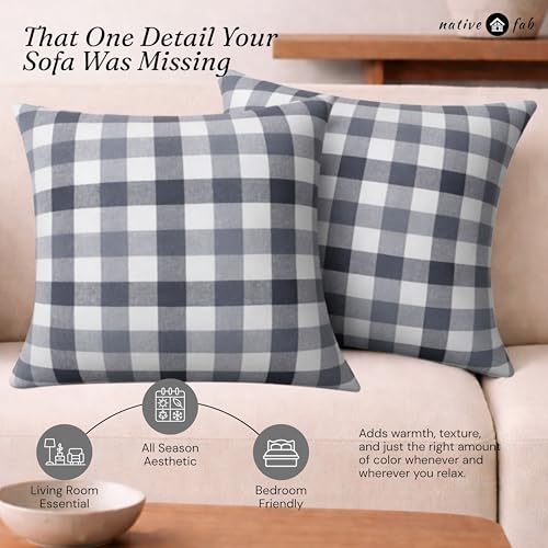 Native Fab Throw Pillow Covers 2 Pack, 18x18 Inches, 100% Cotton, Woven Gingham Plaid, Premium Decorative Cushion Cases, Modern Farmhouse Decor for Living Room, Sofa, Couch, Stone & Charcoal Grey - color: Gingham Stone & Charcoal Grey, size: 18" x 18" (Pa