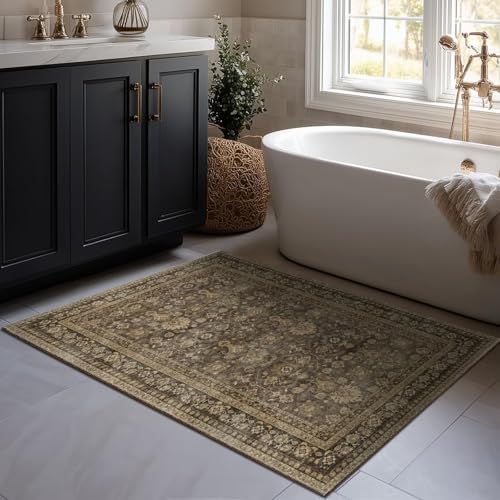 Washable 2x3 Entryway Rug, Boho Non-Slip Door Mat Vintage Distress Small Rugs for Kitchen Nursery Office Bedroom, 0.3" Neutral Oriental Throw Carpet with Cushioning Pad, Red/Brown/Multi, C4 - color: Deep Brown/Multi, size: 2' x 3' (Rectangular)