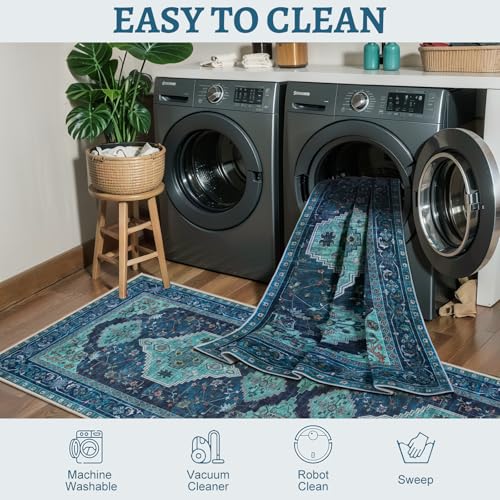 Tangsoo Oriental Small 2X3 Washable Rugs, Teal Vintage Non Slip Rug Carpet, Indoor Front Door Rug for Entryway, Door Mat Indoor Entrance Soft Low Pile Throw Rugs for Entry Kitchen Bedroom - color: Teal, size: 2' X 3' (Rectangular)