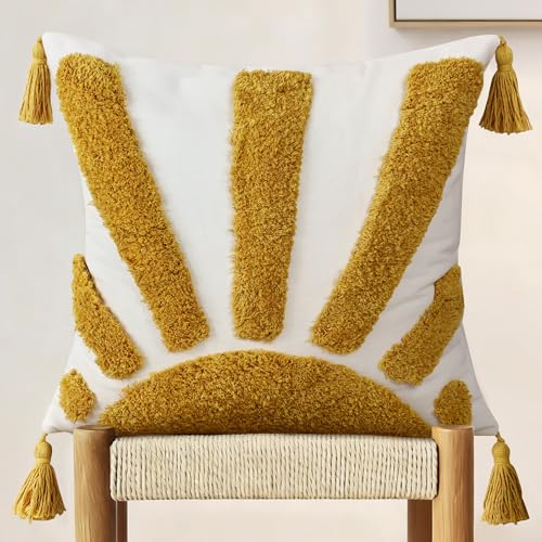 Boho Throw Pillow Covers 18x18 Inch Set of 1, Yellow Sun Tufted Square Pillow Covers with Tassels, Bohemian Farmhouse Decorative Cushion Cover for Couch Sofa Bedroom Living Room Home Decor - color: Golden Sunburst
