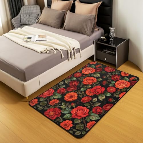 Erosebridal Vintage Dark Floral Area Rug 4'11" x 3'3" Red Orange Peony Living Room Rugs Garden Flower Decorative Carpet Black Romantic Indoor Floor Mat - color: Black Red, size: 3'3" x 4'11" (Rectangular)