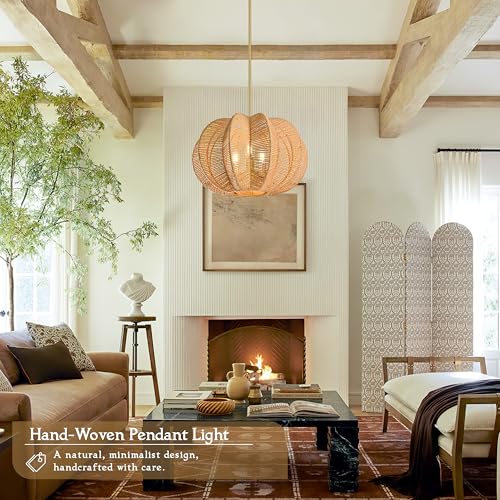 17.7 Inch Rattan Pendant Light Hemp Rope Rattan Light Fixture Woven Pendant Wicker Chandelier 3-Light Boho Chandelier for Bedroom - color: 17.7" Natural