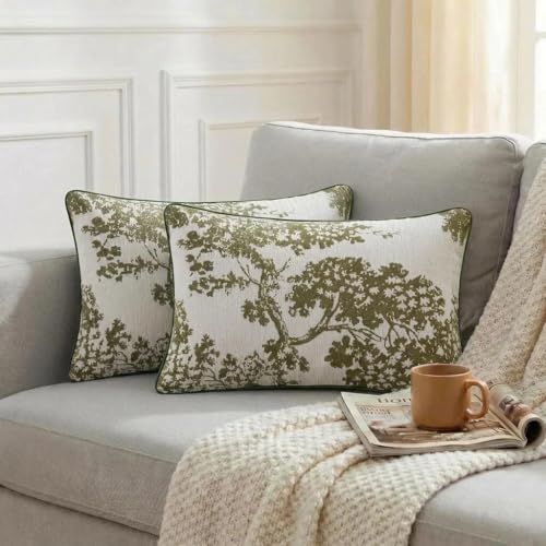 Mantle & Mason Floral 12x20 Lumbar Pillow Covers Set of 2, French Vintage Woven Jacquard Decorative Accent Pillow Cases for Couch, 430GSM Thick Chenille & Luxury Velvet, Olive Green - color: Tree Pattern Olive Green, size: 20" x 12" (Pack of 2)