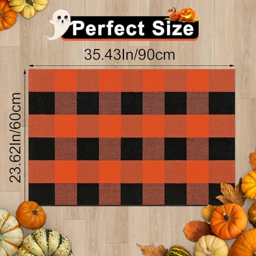 Buffalo Plaid Rug Small Checkered Rug 2x3 Orange and Black Front Door Mat, Christmas Halloween Thanksgiving Washable Fall Doormat Cotton Outdoor Rug for Front Porch Entryway Patio Bathroom - color: Black and Orange, size: 2‘×3’