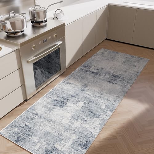 Machine Washable Runner Rugs for Kitchen: 2'x6' Hallway Runner Rug Non Slip Floor Rug with Rubber Backing Faux Wool Soft Low Pile Non Shedding Carpet Runners for Entryway Bedroom Bathroom Farmhouse - color: Blue and Gray, size: 2' x 6' (Rectangular)
