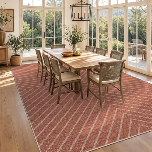 Garvee Washable 5x7 Rug, Easy Jute Terracotta Rugs for Living Room, Indoor Striped Rug for Bedroom, Outdoor Farmhouse Non-Slip Dining Room Mat Modern Carpet Area Rug for Patio Home Office 5'x7' - color: Striped|terracotta, size: 5' x 7' (Rectangular)