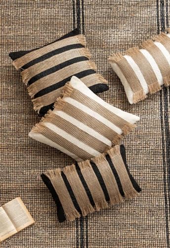MOCOFO Handwoven Jute Cotton Striped Pillow Covers, Wabi Sabi Boho Farmhouse Decorative Throw Cushion Cover with Fringe (Cover Only) (Black/Natural, 20x20) - color: Black/Natural, size: 20" x 20" (Pack of 1)