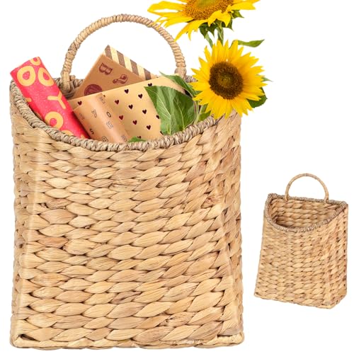 Woven Hanging Water Hyacinth Baskets, Hanging Wall Wicker Basket, Handmade Organizer Baskets, Hanging Flower Basket for Shelves, Walls, Doors, Balconies, Front of House, Garden, Farmhouse, Home. - color: Light Brown
