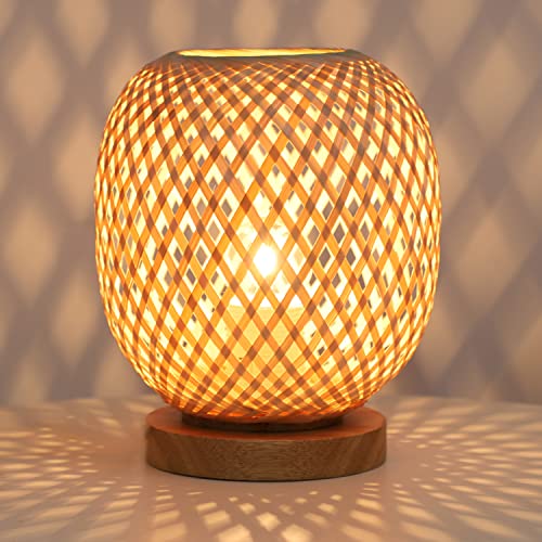 Capslpad Dimmable Rattan Table Lamp - Bamboo Woven Handmade Boho Beside Light, Small Wicker Desktop Nightstand Accent for Kids Living Room, Bedroom, Dorm Decor