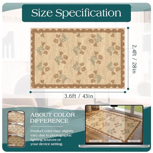 Floral Outdoor Rug - 28" x 43" Front Door Mat Indoor Outside Entrance Non-Slip Washable Outdoor Mat Jute-Look Tan Scalloped Rug for Entryway Kitchen Mudroom Layered Doormat for Front Porch - color: Flower - Wheat/Tan/Sage, size: 2'4" x 3'7" (Rectangular)