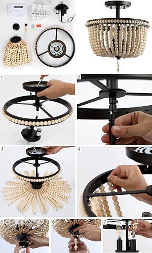 JONATHAN Y 14" Antique Gold/Light Taupe Wood Beaded LED Semi Flush Mount Light, Boho Farmhouse 3-Light Ceiling Chandelier with Cream Wood Bead Shade for Nursery, Bedroom (JYL9020C) - color: Antique Gold/Light Taupe