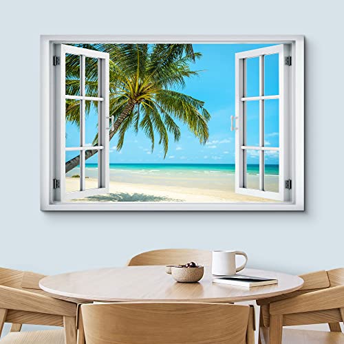 wall26 Canvas Print Wall Art Window View Tropical Palm Tree Beach Island Paradise Wilderness Nature Photography Realism Scenic Landscape Colorful Multicolor for Living Room, Bedroom, Office - 12"x18" - color: A001-2204-est01, size: 18"L x 12"W