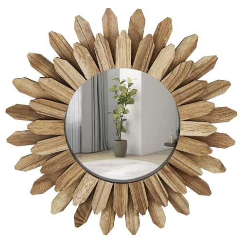Mirror Wall Decor 12 inch Boho Mirror Home Decor Rustic Round Wood Mirror Wall Mirror Decorative Sunburst Mirror Boho Mirror Home Wall Decor Farmhouse Wall Decor for Bedroom Living Room Entryway