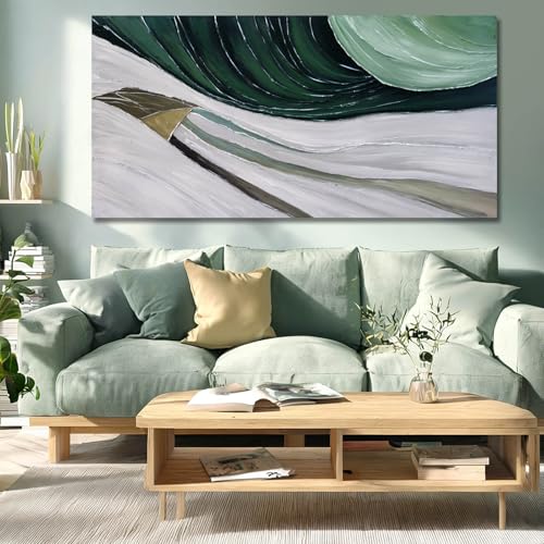 MLART99 Large Abstract Wave Painting Green and White Modern Canvas Wall Art Painted Line Texture for Bedroom Living Room Home Decor 29x58 Inch - color: Green and White, size: 58"L x 29"W