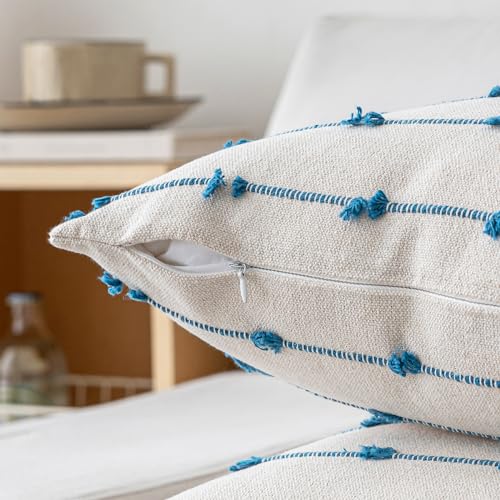 YEENAASY Boho Throw Pillow Covers 16x16 Set of 2 Modern Farmhouse Decorative Cushion Case Tufted Square Pillows Cover Neutral Pillow Cases Accent Pillowcase for Sofa,Couch,Bed,Beige and Blue - color: Beige and Blue, size: 16" x 16" (Pack of 2)