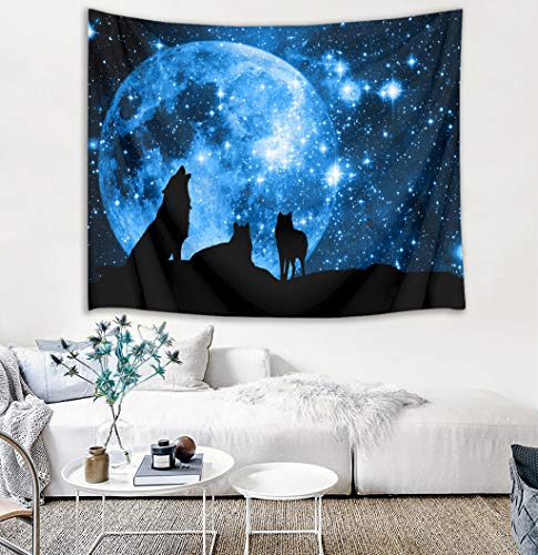 HVEST Wolf Tapestry Wolves on Mountain Wall Hanging Full Moon in Starry Sky Tapestries for Kids Bedroom Living Room Dorm Party Wall Decor,59Wx51H inches - color: Blue, size: 51"L x 59"W