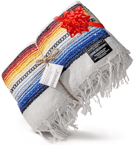 Benevolence LA Authentic Handwoven Mexican Blanket - Yoga & Outdoor, Saddle, Beach, Picnic & Car Blanket - 75 x 52 - Blanco - color: Blanco