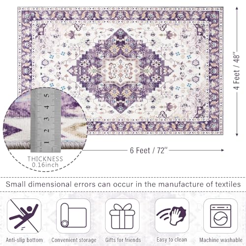 Amearea Vintage Design Area Rugs for Living Room, 4x6 Machine Washable Floral Collection Traditional Bedroom Rug, Low Pile Cute Kids Room Print Carpet, No Slip Office Kitchen Home Decor, Purple - color: Purple, size: 4' X 6' (Rectangular)