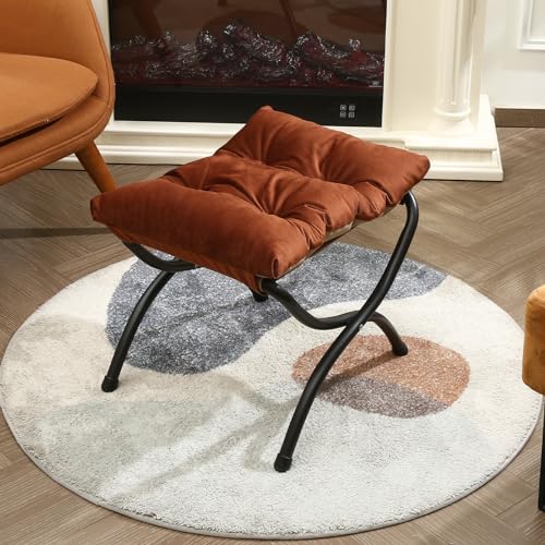 15" Foldable Foot Stool Ottoman with Metal Frame - Washable Brown Upholstered Indoor/Outdoor Footrest for Living Room, Bedroom, Patio - Space-Saving Compact Design - color: Brown