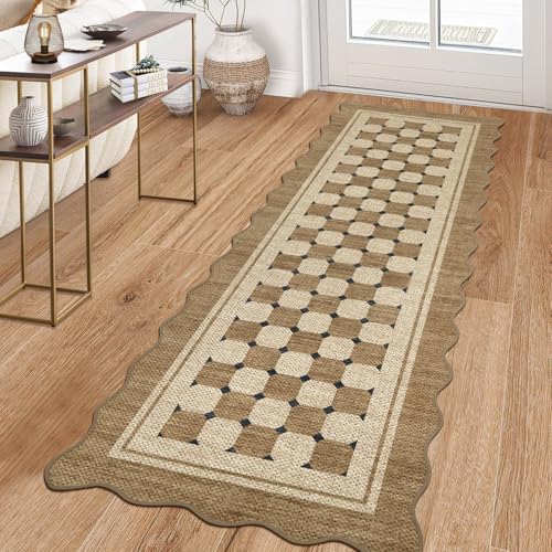 Garvee Scalloped Easy Jute Runner 2x6 Kitchen Runner Rug, Washable Rugs for Entryway Non Slip Outdoor Indoor Jute Hallway Rug, Farmhouse Morden Carpet for Entry Bedroom Laundry 2'x6' - color: Checkered|jute, size: 2' x 6' (Runner)