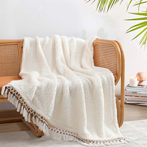 Ultra Soft Cozy Sherpa Throw Blanket, Light Weight Warm Decorative Throw Blanket with Tassel, Solid Antique White Pattern Reversible Boho Style Blanket for Sofa, Couch, Bedroom,Travel, 50”x60” - color: Antique White With Tassel, size: Throw-50'' x 60''