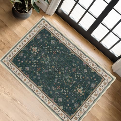 Dark Green 2x3 Door Mat Indoor Entrance Rug - Small Throw Area Rugs for Entryway, Kitchen, Bathroom, Bedroom, Laundry Room - Vintage Boho Eclectic Floral, Washable Low Pile Non-Slip - color: Dark Green, size: 2' x 3' (Rectangular)