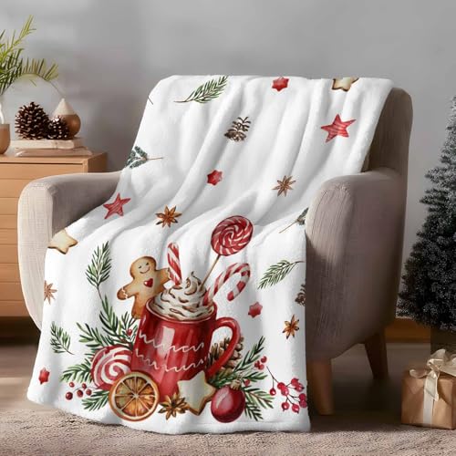 Christmas Throw Blankets, Gingerbread Candy Cane Soft Fleece Blanket Decorative for Home Sofa Couch Chair Living Bedroom Dorm,40x50 Inches, Hot Cocoa Holly Xmas Ball - color: Christmas-hot Cocoa, size: 40x50 Inch