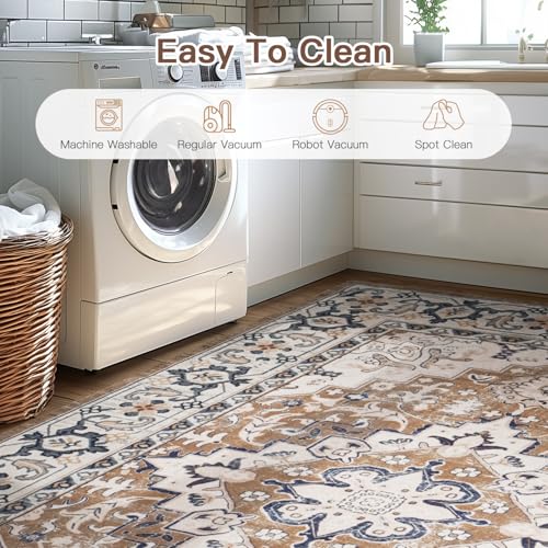 Lofus 5x7 Area Rugs for Living Room, Washable Area Rug, Rugs for Bedroom, Kitchen, Vintage Boho Carpet, Soft Non-Slip, Low Pile Large Area Rug for Office Dining Room, Floral Brown - color: Floral Brown, size: 5' x 7' (Rectangular)