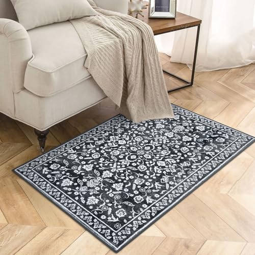 Vintage Entryway Rug Indoor, Charcoal Black White Washable Rug 2x3, Non-Slip Small Area Rug, Floral Print Thin Faux Wool Super Soft Door Mat for Kitchen, Entrance, Bedroom, Office - color: Charcoal Black White, size: 2' x 3' (Rectangular)