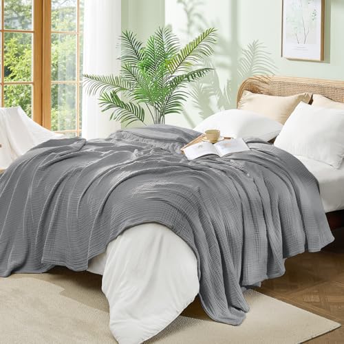 BEDELITE 100% Cotton Muslin Blankets for Adults - 4-Layer King Size Breathable and Lightweight Gauze Blanket for Couch, Bed, Travel and Summer, Soft & Cozy Gift for Women, Grey, 108"x90" - color: Grey, size: King(108"x90")