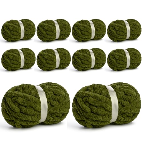 10 Pack Jumbo Chenille Yarn for Crocheting, #10 Super Bulky Baby Soft Yarn for Hand Knitting, 220 yds /70.5 oz Fluffy Chunky Knit Throw Blanket Yarn (Olive Green) - color: 10 Olive Green