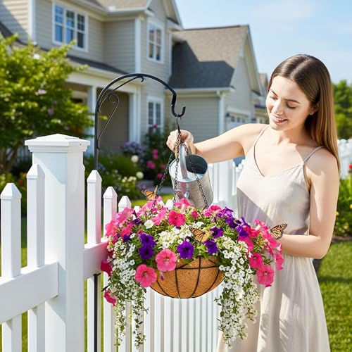 12 Inch Plant Hanging Baskets 2 Pack Round Metal Hanging Planter with Coco Coir Liner Chain for Plants Outdoor Plant Basket Porch Indoor Garden Decoration Flower Pots - color: Geometric