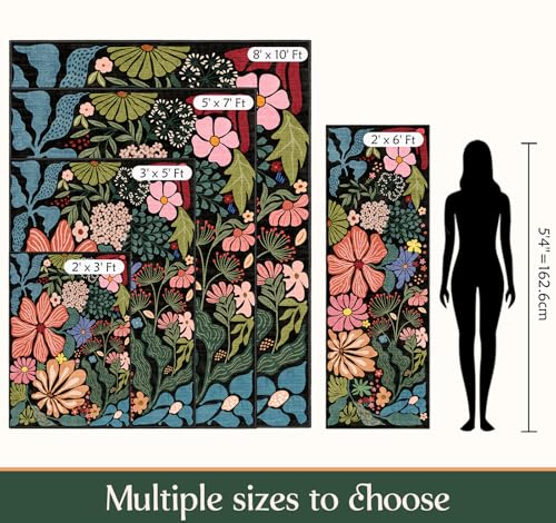MUJOO Floral 2x3 Washable Rug Black Small Area Rugs for Entryway Kitchen Bathroom,Non Slip Throw Carpet for Bedroom Entrance Door Mat Boho Modern Abstract Botanical Flower - color: Black（colorful）, size: 2' x 3' (Rectangular)