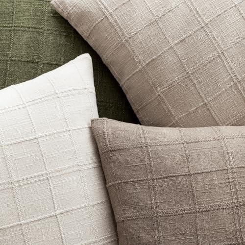 Foindtower Set of 1 Decorative Linen Check Throw Pillow Cover Neutral Farmhouse Vintage Cushion Cover Modern Boho Home Decor for Sofa Chair Couch Bedroom Living Room Outdoor,16×16 Inch,Tan Taupe - color: Savannah Tan, size: 16" x 16" (Pack of 1)