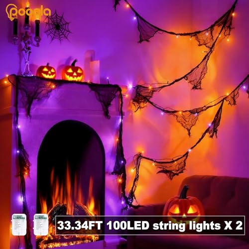 Pooqla 2 Pack Halloween String Lights Battery Operated, Total 66.6ft 200 LED Fairy Lights Indoor Outdoor Decorations, 8 Modes Orange Purple Battery Lights for Porch Party Halloween Decorations - color: Orange and purple, size: 100 LED x2