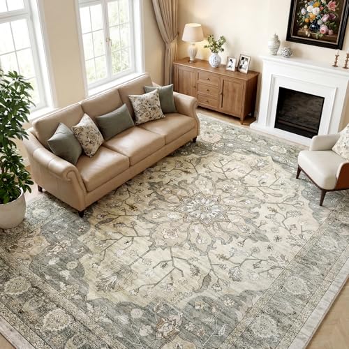 10x12 Area Rugs for Living Room, Machine Washable Boho Vintage Rug, Waterproof Surface & Non-Slip Backing, Foldable Soft Low Pile Floral Medallion Carpet for Bedroom Dining Room - color: Beige/Grey, size: 10' x 12' (Rectangular)