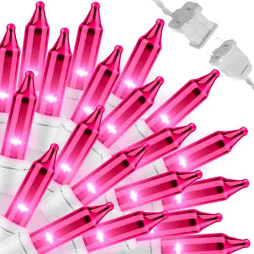 LAMPHOME Pink Christmas Lights Set 100 Count 19.6 Feet Incandescent Bulb Mini String Lights for Indoor Christmas Tree Garland Birthday Wedding Party Festival Decoration, White Wire - color: Pink-White Wire