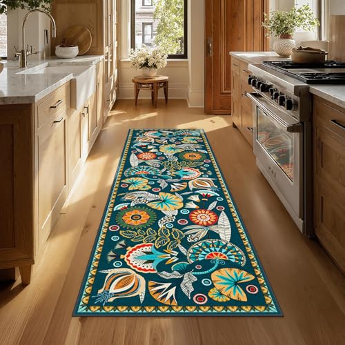 Joydeco Egypt Floral Boho 2x6 Runner Rug for Hallway Entrance, Dark Green Bathroom Kitchen Rug Runner Non Slip Washable, Vintage Ultra-Thin Carpet for Entryway Laundry Room Bed Beside - color: Dark Green, size: 2' x 6' (Runner)