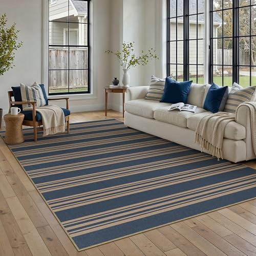 PureCozy Striped Easy Jute Rug 6x9 Blue Living Room Carpet Washable Non Slip Bedroom Office Rug Farmhouse Neutral Non Shedding Indoor Outdoor Large Carpet for Kitchen Dining Room - color: Blue/Striped, size: 6' x 9' (Rectangular)