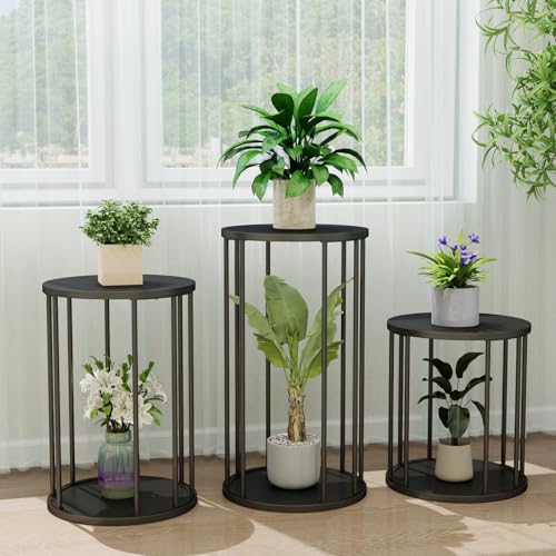Plant Stand Indoor,small plant stool,Flower Pot Corner stand holder,Mid Century Heavy Duty Metal Tall Home Decor,Modern Round End Table,Small Rustic Display Stand for Living Room,Bedroom(Black,3 Packs) - color: all size black set 3