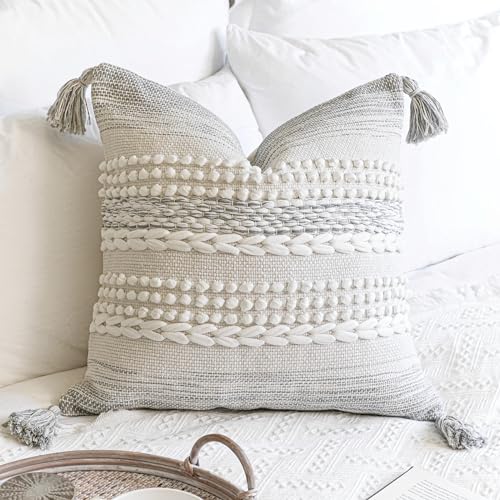 BlissBlush Gray Decorative Throw Pillow Cover 22X22, Boho Accent Pillow for Couch, Square Modern Farmhouse Pillowcase for Living Room Couch Sofa Cushion Home Décor (Pack of 1) - color: Light Gray, size: 22" x 22" (Pack of 1)