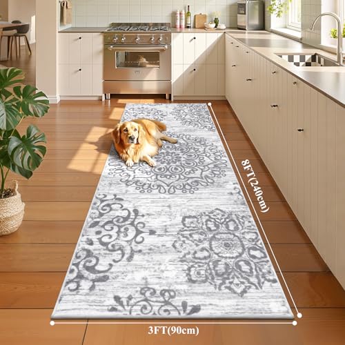 HEBE Hallway Runner Rug 3'x8' Washable Vintage Distressed Area Rugs Non Slip Laundry Rug Runner Boho Floor Carpet Runners for Hallways Entryway Laundry Room Kitchen Bathroom - color: Grey, size: 3' x 8' (Rectangular)