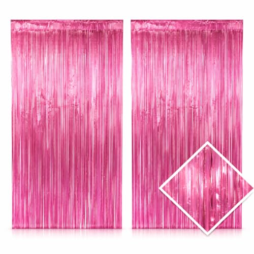 2 Pack Pink Metallic Foil Fringe Curtain Backdrop Streamers Tinsel 3.2ft x 6.4ft. Party Decoration for Birthday, Wedding, New Years Eve, Graduation, Baby Shower - color: Pink