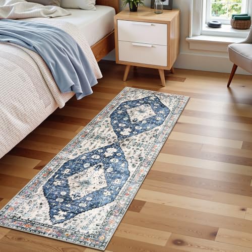 Lahome Felice Boho Tribal Runner Rug - 2x5 Blue Soft Bathroom Rug Runner Laundry Room Mat, Medallion Soft Non Slip Machine Washable Entryway Carpet Runners for Kitchen Sink Bedside Front Door Hallway - color: Blue, size: 2' x 5' (Runner)