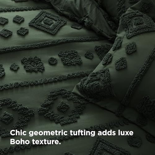 Bedsure Boho Duvet Cover Queen Size - Tufted Boho Bedding, Farmhouse-Style Distressed Vintage Embroidery Bedding for All Seasons, 3 Pieces, 1 Soft Jacquard Queen Comforter Cover and 2 Pillow Shams - color: 07 - Green Tufted (No Comforter), size: Queen (90
